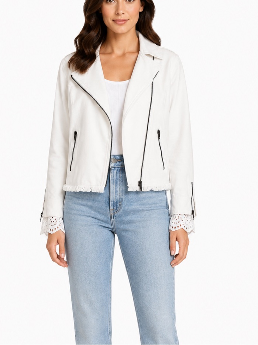 dh NEW YORK White Lace-Cuff Moto Jacket with Frayed Hem